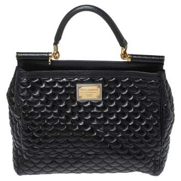 Pre Owned Dolce & Gabbana Black Scale Embossed Leather Top Handle Bag