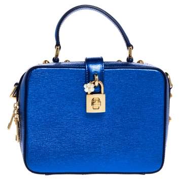 Pre Owned Dolce & Gabbana Metallic Blue Leather Rosaria Box Top Handle Bag