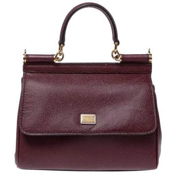 Pre Owned Dolce & Gabbana Burgunndy Leather Small Miss Sicily Tote