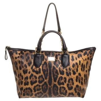 Pre Owned Dolce & Gabbana Beige/Black Leopard Print Coated Canvas and Leather Zip Tote