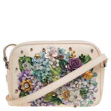 Pre Owned Dolce & Gabbana Cream Leather Glam Embellished Camera Bag