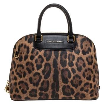 Pre Owned Dolce & Gabbana Black/Brown Leopard Print Coated Canvas and Leather Megan Dome Satchel