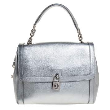 Pre Owned Dolce and Gabbana Silver Leather Small Miss Dolce Top Handle Bag