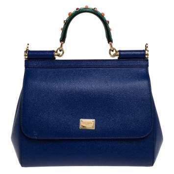 Pre Owned Dolce & Gabbana Blue Leather Medium Miss Sicily Top Handle Bag