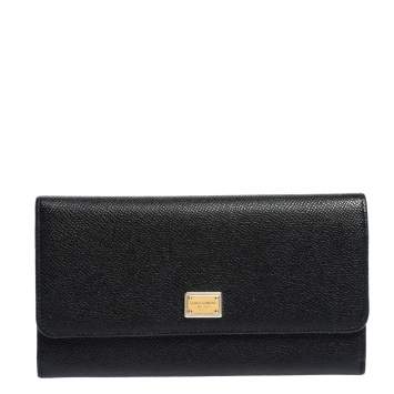 Pre Owned Dolce & Gabbana Black Grained Leather Flap Continental Wallet
