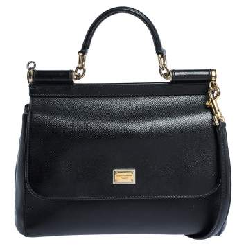 Pre Owned Dolce & Gabbana Black Leather Medium Miss Sicily Top Handle Bag