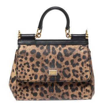 Pre Owned Dolce & Gabbana Black/Leopard Print Coated Canvas and Leather Small Miss Sicily Top Handle Bag
