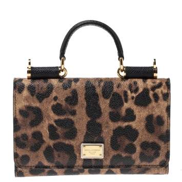 Pre Owned Dolce & Gabbana Brown Leopard Print Coated Canvas and Leather Sicily Smartphone Von Bag
