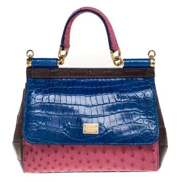 Pre Owned Dolce & Gabbana Multicolor Crocodile and Ostrich Small Miss Sicily Top Handle Bag