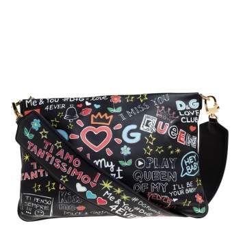 Pre Owned Dolce & Gabbana Black Graffiti Print Leather Cleo Clutch Bag
