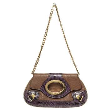 Pre Owned Dolce & Gabbana Tan/Purple Leather and Python Chain Clutch
