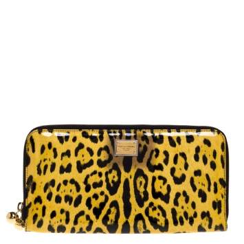 Pre Owned Dolce & Gabbana Yellow/Black Leopard Print Patent Leather Zipped Clutch