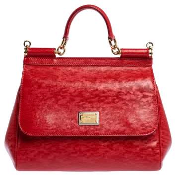 Pre Owned Dolce & Gabbana Red Leather Medium Miss Sicily Top Handle Bag