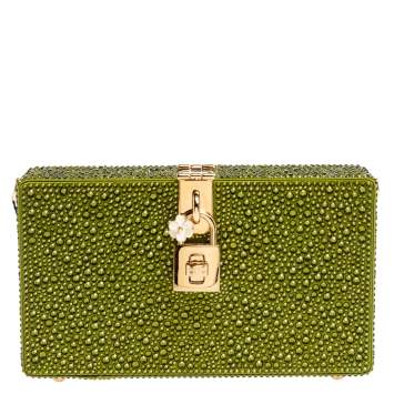 Pre Owned Dolce & Gabbana Green Crystal Embellished Satin Box Bag