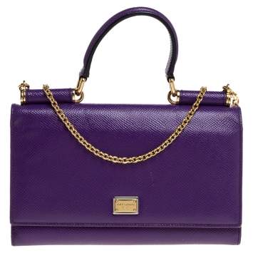 Pre Owned Dolce and Gabbana Purple Leather Sicily Wallet on Chain 