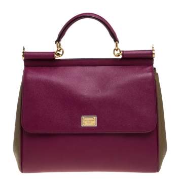 Pre Owned Dolce & Gabbana Burgundy/Olive Green Leather Large Miss Sicily Top Handle Bag