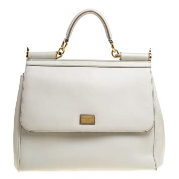 Pre Owned Dolce & Gabbana White Leather Large Miss Sicily Top Handle Bag