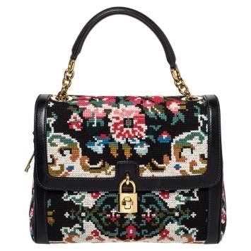 Pre Owned Dolce & Gabbana Black Cross Stitch Fabric and Leather Padlock Top Handle Bag