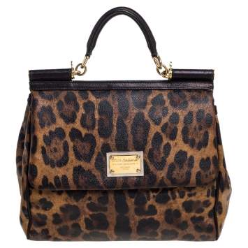 Pre Owned Dolce & Gabbana Black/Brown Leopard Print Coated Canvas and Leather Large Miss Sicily Top Handle Bag