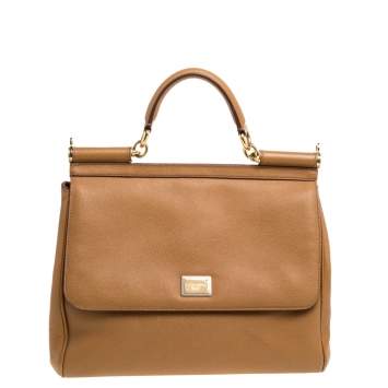 Pre Owned Dolce & Gabbana Tan Leather Large Miss Sicily Top Handle Bag