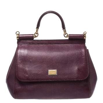 Pre Owned Dolce & Gabbana Burgundy Lizard Embossed Leather Medium Miss Sicily Top Handle Bag