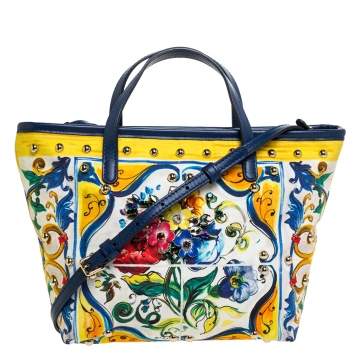 Pre Owned Dolce & Gabbana Multicolor Majolica Print Canvas and Leather Embellished Tote