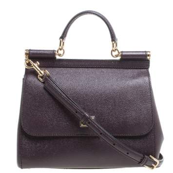 Pre Owned Dolce & Gabbana Dark Plum Leather Medium Miss Sicily Top Handle Bag