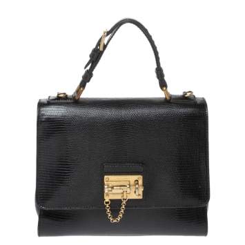 Pre Owned Dolce & Gabbana Black Lizard Embossed Leather Medium Miss Monica Top Handle Bag