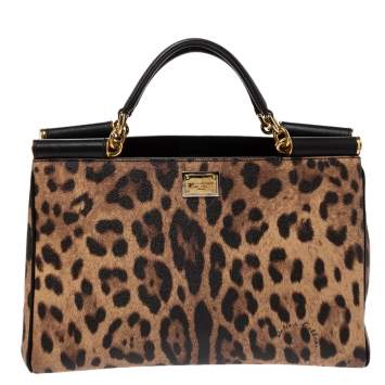 Pre Owned Dolce & Gabbana Leopard Print Leather Miss Sicily Shopper Tote