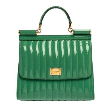 Pre Owned Dolce & Gabbana Green Stripe Patent Leather Medium Sicily Top Handle Bag