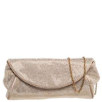 Pre Owned Dolce & Gabbana Beige Crystal Embellished Suede Flap Chain Clutch