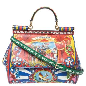 Pre Owned Dolce & Gabbana Multicolor Teatro Dei Pupi Print Leather Medium Miss Sicily Top Handle Bag