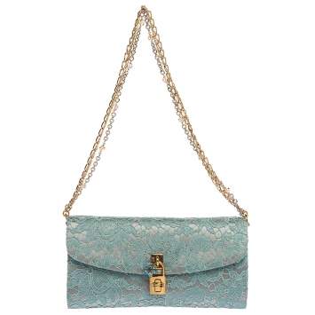Pre Owned Dolce & Gabbana Light Blue Lace and Satin Padlock Chain Clutch