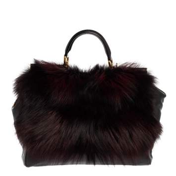 Pre Owned Dolce & Gabbana Black Leather and Fox Fur Large Miss Sicily Top Handle Bag