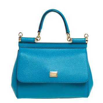 Pre Owned Dolce & Gabbana Turquoise Leather Small Miss Sicily Top Handle Bag
