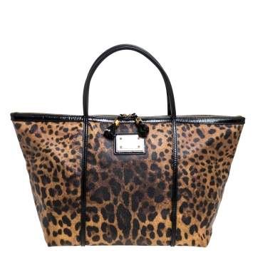 Pre Owned Dolce & Gabbana Black/Brown Leopard Print Coated Canvas and Patent Leather Miss Escape Tote
