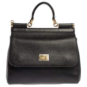 Pre Owned Dolce & Gabbana Black Leather Medium Miss Sicily Top Handle Bag