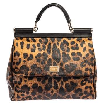 Pre Owned Dolce & Gabbana Brown/Black Leopard Print Coated Canvas and Leather Large Miss Sicily Top Handle Bag