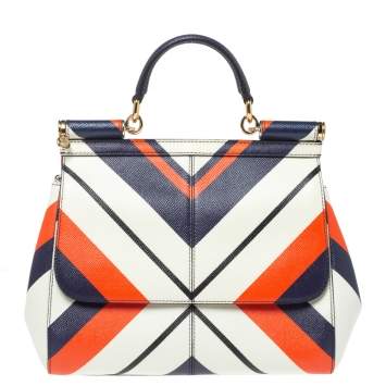 Pre Owned Dolce & Gabbana Tri Color Striped Leather Medium Miss Sicily Top Handle Bag