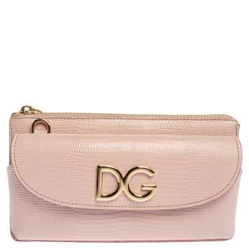 Pre Owned Dolce & Gabbana Light Pink Lizard Embossed Leather DG Logo Crossbody Bag