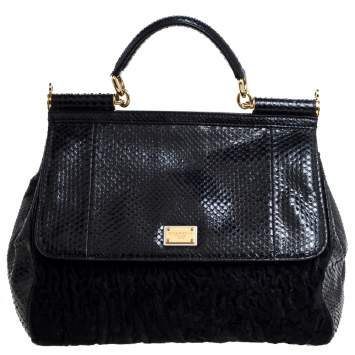 Pre Owned Dolce & Gabbana Black Python and Calfhair Large Miss Sicily Top Handle Bag