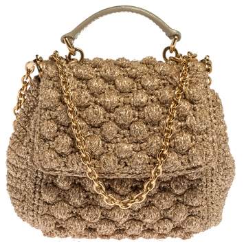 Pre Owned Dolce & Gabbana Beige Crochet Lurex Fabric Crossbody Bag