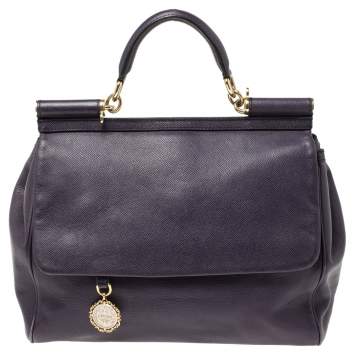 Pre Owned Dolce & Gabbana Purple Leather Large Miss Sicily Top Handle Bag