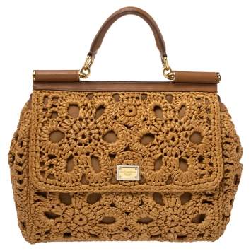 Pre Owned Dolce & Gabbana Brown Crochet Raffia and Leather Large Miss Sicily Top Handle Bag 