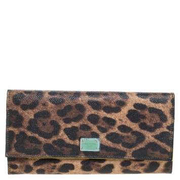 Pre Owned Dolce & Gabbana Brown Leopard Print Leather Dauphine Continental Wallet