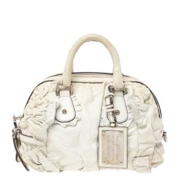 Pre Owned Dolce & Gabbana White Ruffled Leather Miss Rouche Satchel