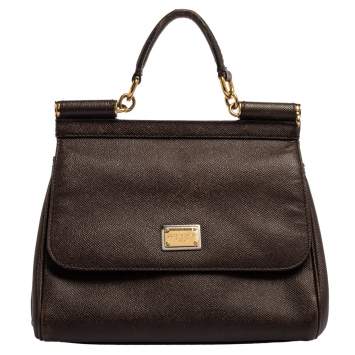 Pre Owned Dolce & Gabbana Dark Brown Leather Medium Miss Sicily Top Handle Bag