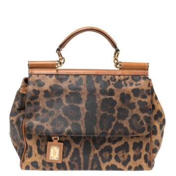 Pre Owned Dolce & Gabbana Brown Leopard Print Coated Canvas and Leather Large Miss Sicily Top Handle Bag