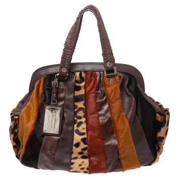 Pre Owned Dolce & Gabbana Multicolor Patchwork Calfhair and Leather Miss Curly Satchel