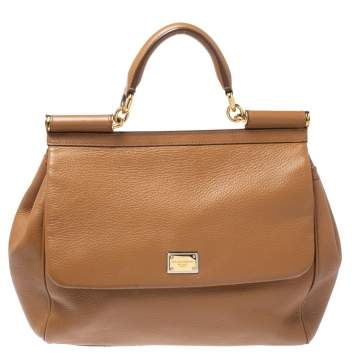 Pre Owned Dolce & Gabbana Brown Leather Large Miss Sicily Top Handle Bag